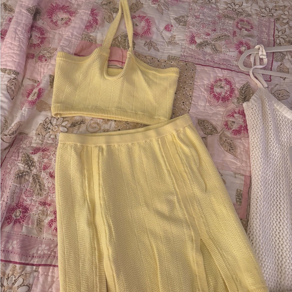 Camila Coelho Pale Yellow Knit Midi Skirt Set